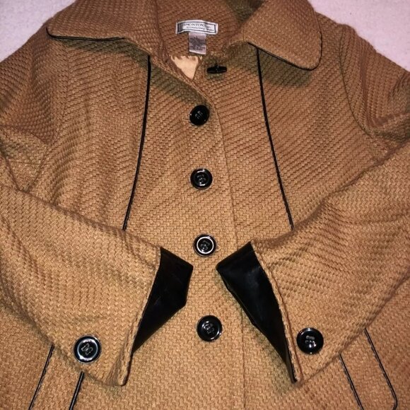 VTG TAN BLACK SWING COAT SZ L FAUX LEATHER TRIM SIMONTON SAYS CAR COAT WOMENS - Picture 2 of 4